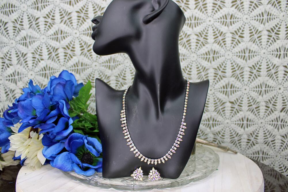 B. David Silvertone Aurora Borealis Rhinestone w/Faux Pearl Necklace/Earring Set